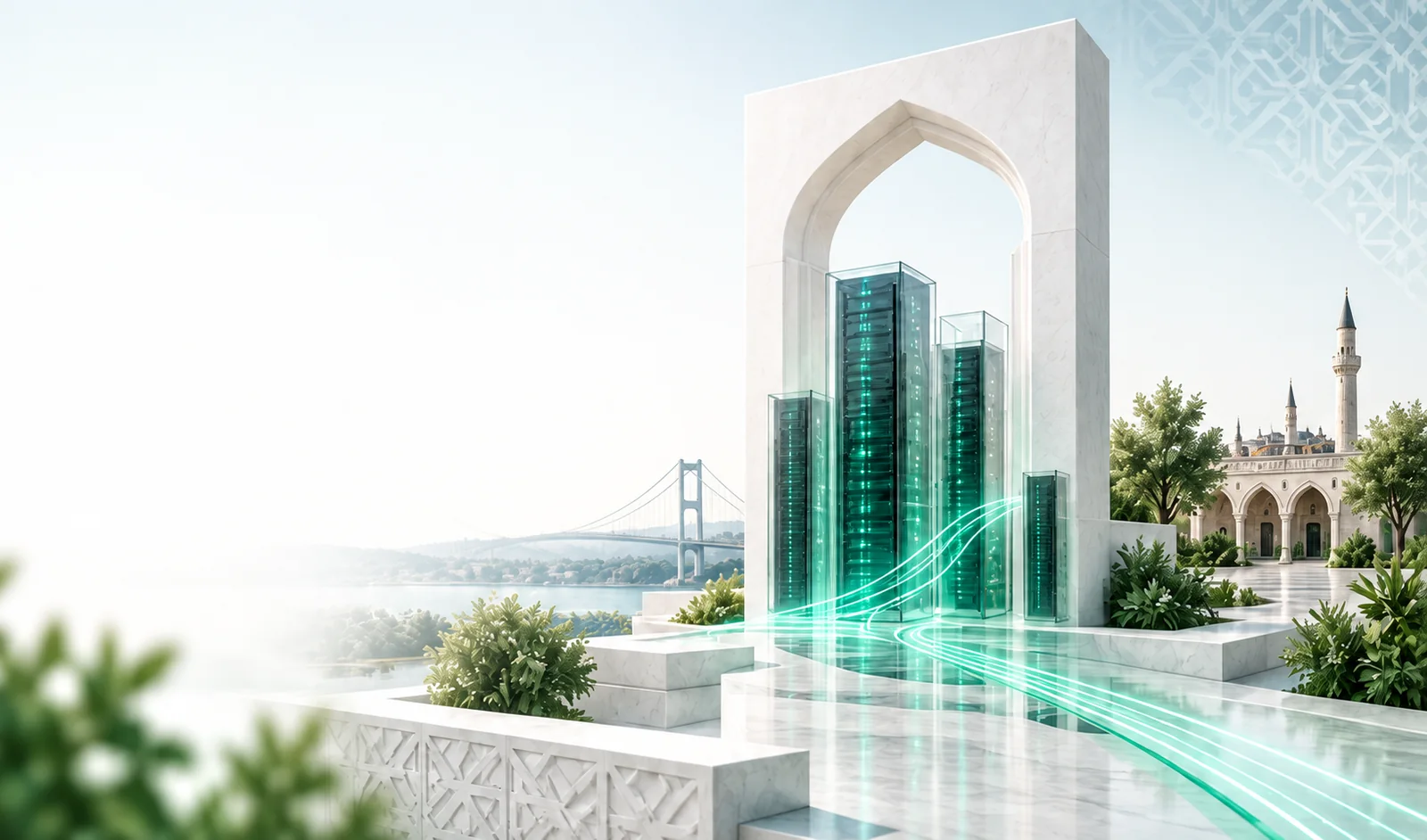 White stone arch framing emerald glass servers and flowing network paths